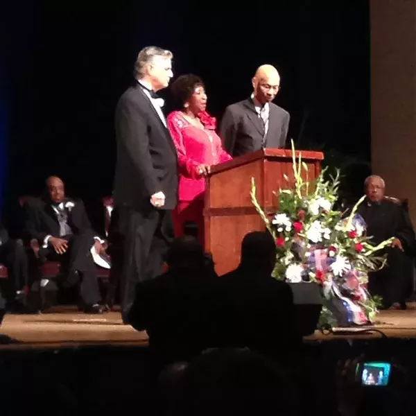 Mayor Eddie DeLoach, former Mayor Edna Jackson, and former Mayor Otis Johnson; Alderman Van Johnson looks on from the background at left