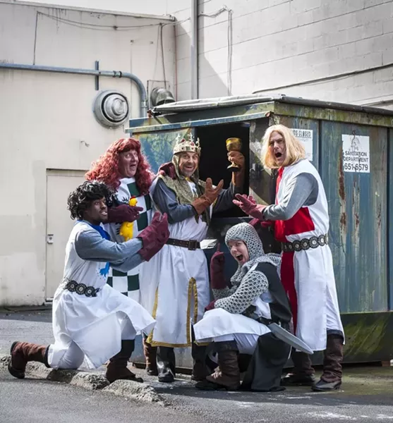 King Arthur (Les Taylor), Sir Robin (Jamie Keena), Sir Lancelot (Nicholas Castillo), Sir Galahad (Chris Bass), Sir Bedevere (Alexander Holcey). - PHOTO BY GEOFF L. JOHNSON