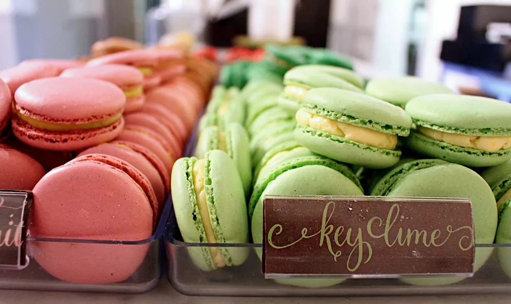 Homemade creams, jellies, chocolates and caramel are sandwiched between two circular shells that are airy with a delicate crunch.