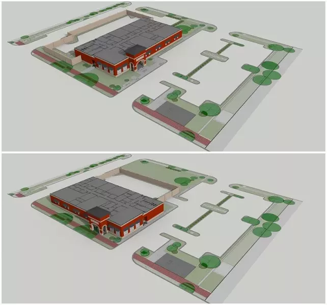 Figure Five: 3D visualization of current site plan (top) and neighborhood-suggested changes