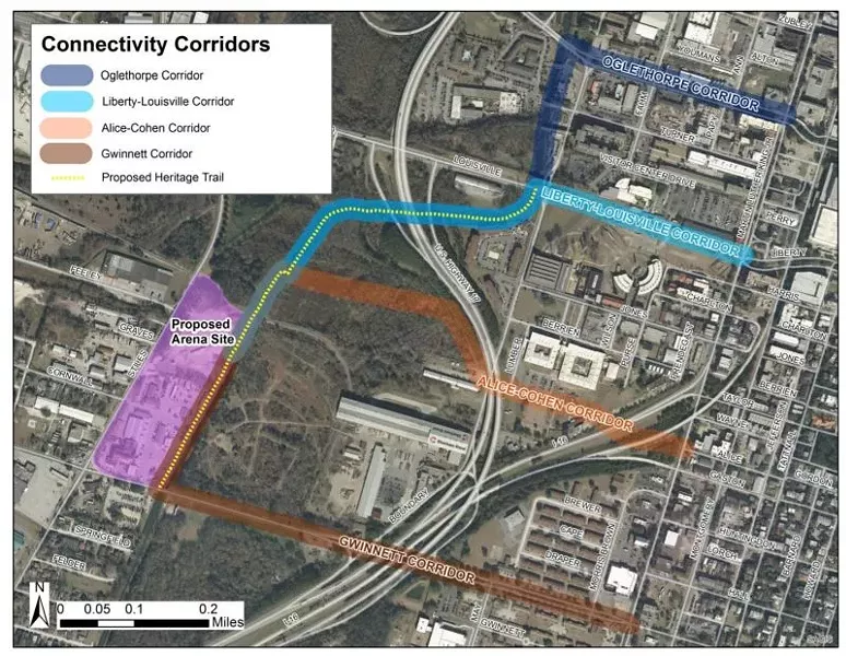 Proposed connectivity corridors between the arena site and downtown. - ILLUSTRATION FROM ARENA REPORT