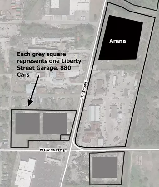 Parking configuration at Westside Arena if the main site is left open for development. Map by author
