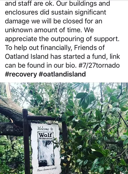 A screenshot of a post by Oatland Wildlife Center after the F1 tornado strike.