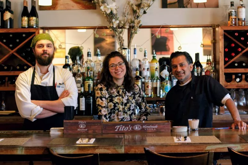 L-R: Lunch chef Jonathan Hooks, Katherine Alt, and Chef Mir.