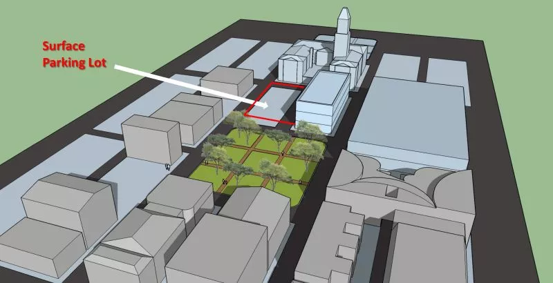 The proposed new Federal courthouse annex would put a surface parking lot on an original trust lot, right on Telfair Square, for only about two dozen parking spaces. - COURTESY BARNARD ARCHITECTS