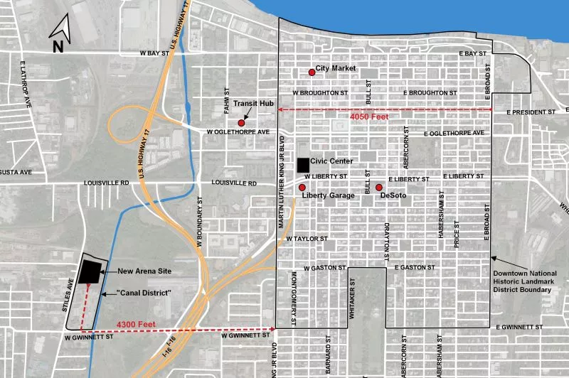The arena site in context with downtown. - ILLUSTRATION BY AUTHOR