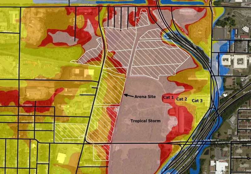 Storm surge flood areas associated with storms of different intensities as predicted by the NOAA SLOSH model. Pink represents flooding from a tropical storm, red from a category 1 hurricane and so on. Source: NOAA