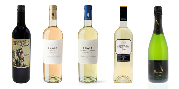 From the left: Flying Feet Red Blend, Scaia Rosé, Scaia White Blend, Marqués de Riscal Verdejo and Poema Brut Cava - JL GIGUIERE, SCAIA, MARQUÉS DE RISCAL, POEMA