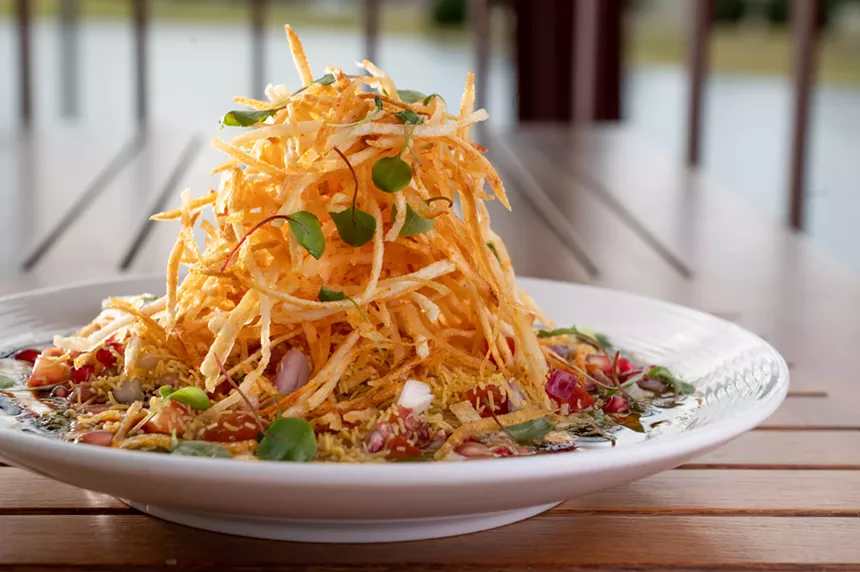 The towering potato tikki chaat is a creative execution of the classic street snack. - ALISON MCLEAN