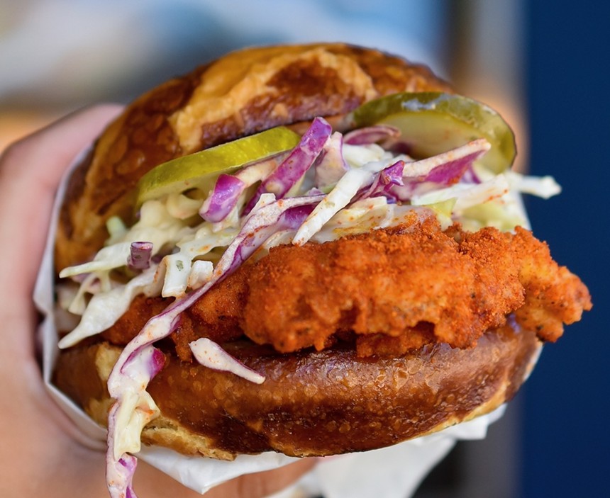 A special anniversary edition of the Big Lou at Lucky's, made with a pretzel bun. - LUCKY'S HOT CHICKEN