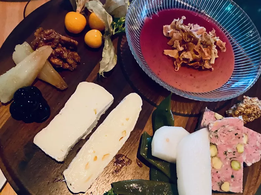 A charcuterie board from Elm and Good with a sunchoke pâté topped with a Lambrusco gelèe. - LAUREN DREWES DANIELS