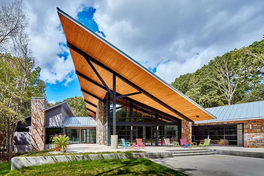 The exterior contains large angular overhangs.  - CRAIG BLACKMON, FAIA
