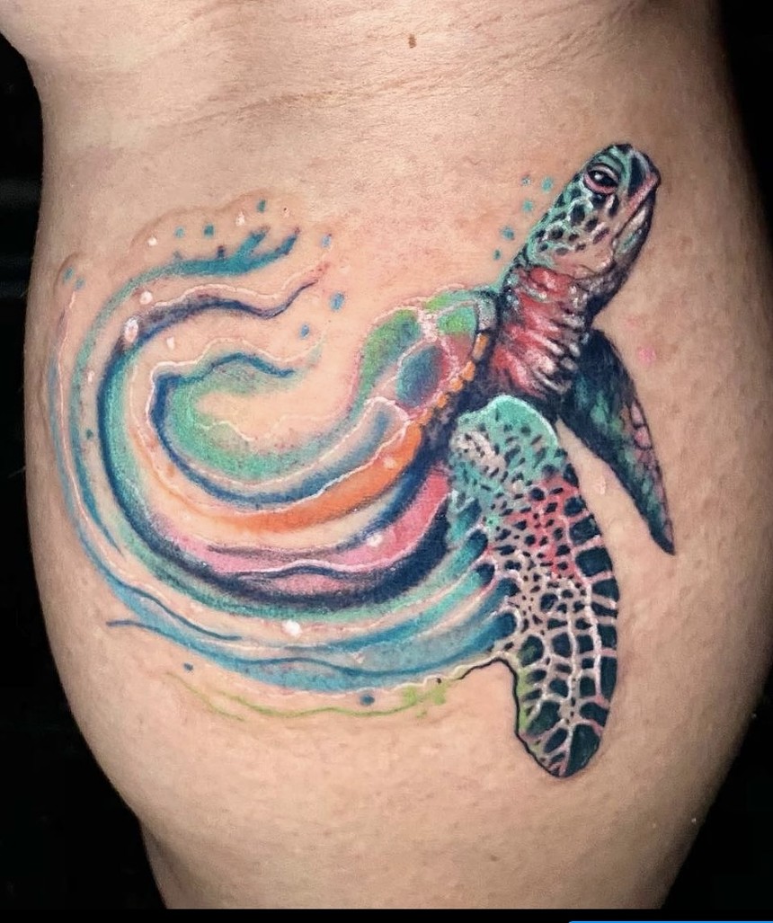 A watercolor turtle by tattoo artist Chubb from Dallas.  - CHUBBS
