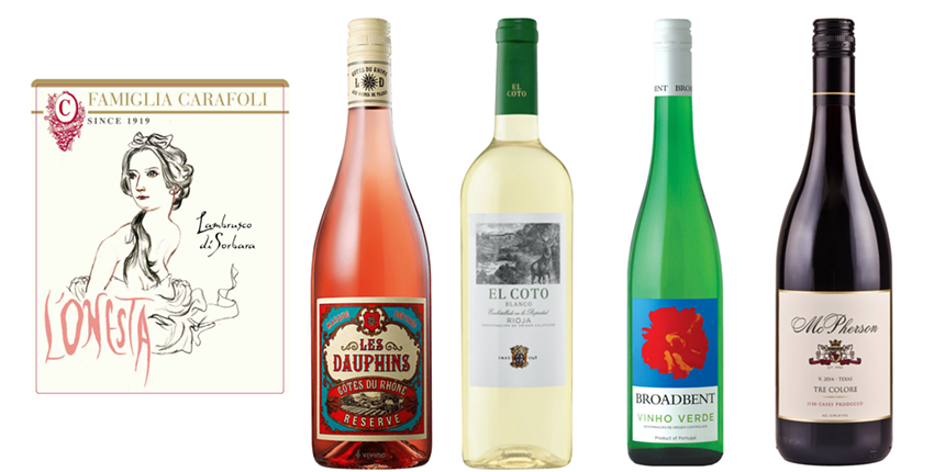 Starting on left: 1) Cantina di Sorbara L’Onesta, 2) Cellier des Dauphins Les Dauphins Reserve Rosé, 3) El Coto Blanco, 4) Broadbent Vinho Verde, 5) McPherson Cellars Tre Colore - IMAGES COURTESY OF CANTINA DI SORBARA, CELLIER DES DAUPHINS, EL COTO, BROADBENT, MCPHERSON CELLARS