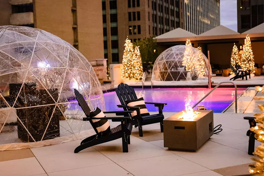 Vodka hot toddies and Kentucky Hot Cocoa (with Maker’s Mark) will warm you inside while you snuggle with your sweetie in an igloo or cabin. - THE ADOLPHUS HOTEL