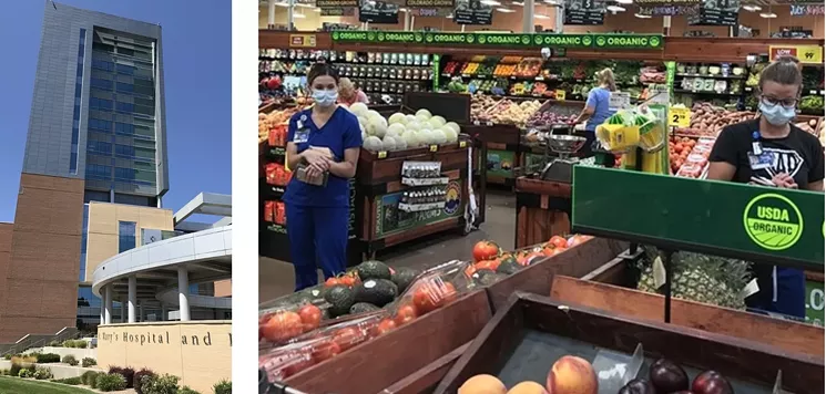 St. Mary's Hospital is the largest medical facility in the region surrounding Grand Junction; two hospital workers act as good masking examples at a local City Market grocery store. - PHOTOS BY MICHAEL ROBERTS