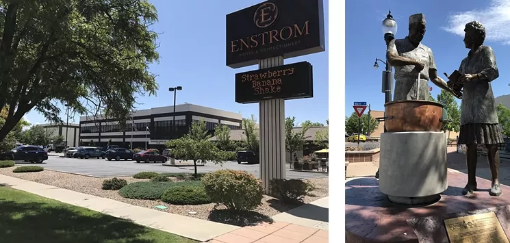 Enstrom Candies is arguably the most famous Grand Junction business; co-founders Chet and Vernie Enstrom are immortalized in a downtown statue. - PHOTOS BY MICHAEL ROBERTS
