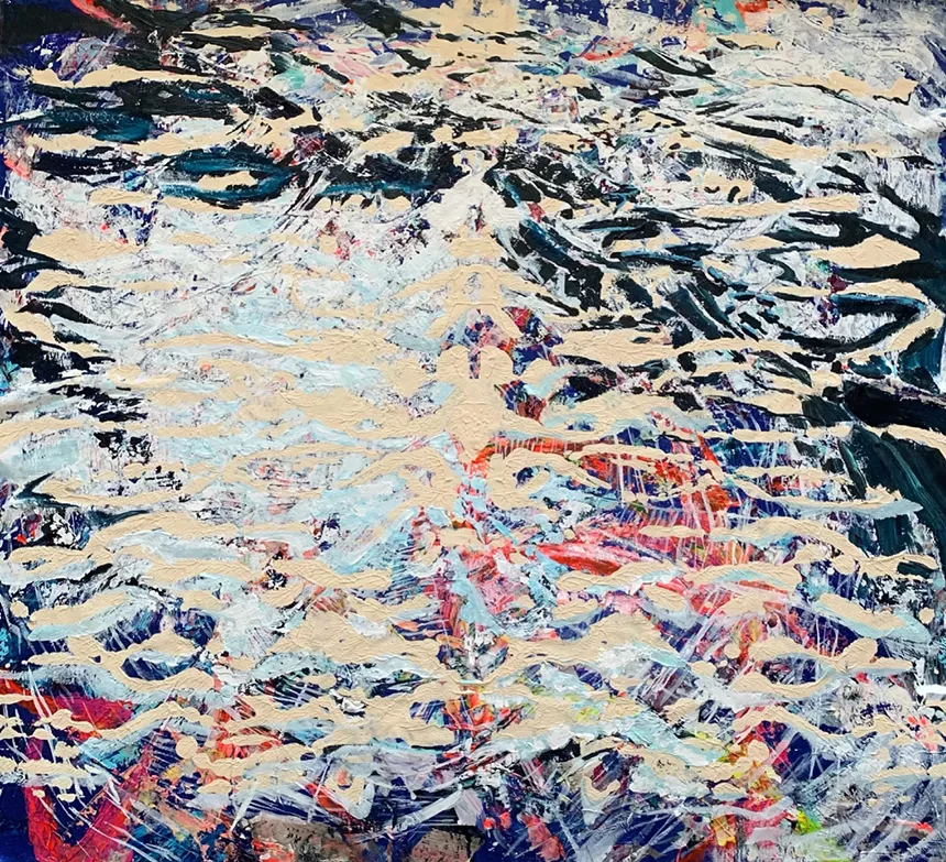 Emily Roan, “Cloud Watching,” 2021, gel medium, acrylic paint, ink and oil pastel on canvas. - EMILY ROAN