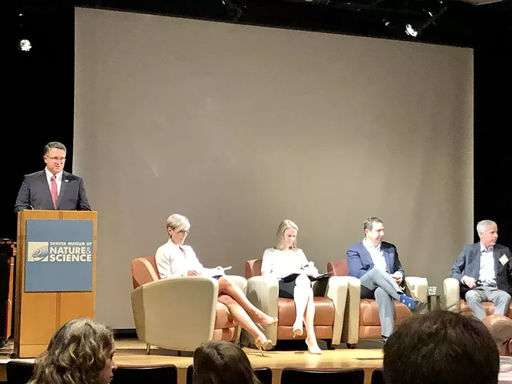 COGA president and CEO Dan Haley spoke before a panel on new-energy investment that included Liberty Oilfield Services CEO Chris Wright (far right). - CHRIS WALKER