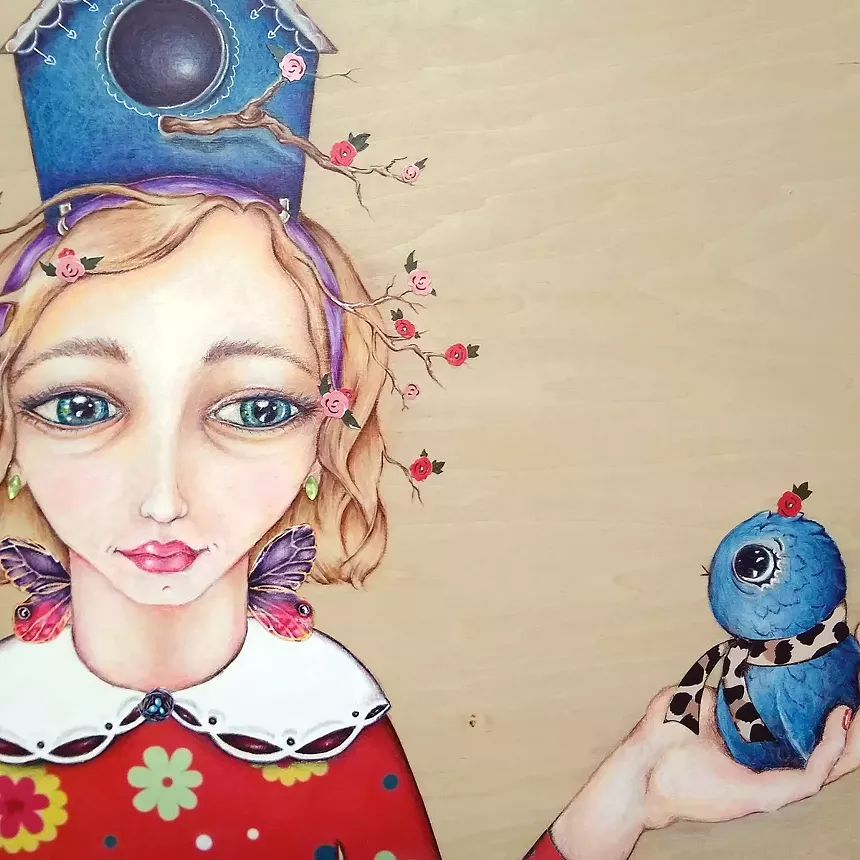 Sara-Lou Klein, “A Bird in Your Hand is Worth more than a Flock in the Bushes” ( an ode to my parents), mixed media on wood panel. - SARA-LOU KLEIN