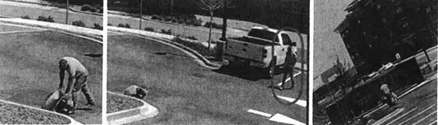 (From left) May 10 surveillance photos of Barry Morphew walking to his room at a Holiday Inn Express, walking away nineteen minutes later wearing a different shirt and carrying a trash can containing unidentified items. - CHAFFEE COUNTY SHERIFF'S OFFICE
