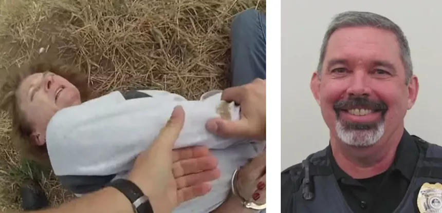 A screen capture from body-worn footage of Karen Garner's brutal arrest and a portrait of now-former Loveland Police Sergeant Philip Metzler. - CITY OF LOVELAND