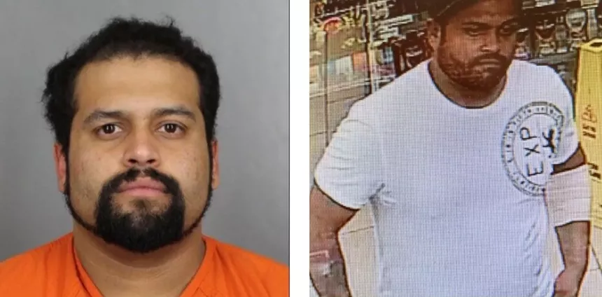A booking photo and surveillance image of Rigoberto Valles Dominguez, who's suspected of shooting a Littleton Police officer. - CITY OF LITTLETON