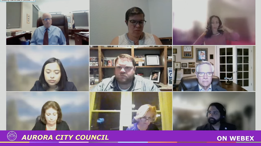 Aurora City Councilman Juan Marcano (bottom right) plans to reintroduce marijuana hospitality after the November election, when as many as five seats could change. - AURORA CITY COUNCIL