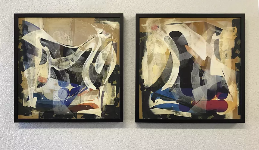 Chuck McCoy, “Left Out” and “Observed,” paper, paint and wax on panels with all-over inkjet printing. - CHUCK MCCOY