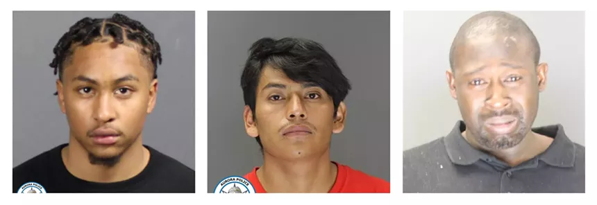 Booking photos for (from left) Master Martin, Jesus Mendoz-Prudente and Jerome Johnson. - AURORA POLICE DEPARTMENT
