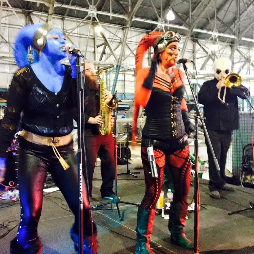 Jennifer Gelvin (center) of the Fabulous Boogienauts performing at a May the Fourth Be With You concert. - COURTESY OF ROCKY RAMJETT