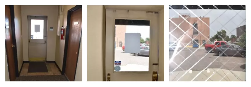 Decision-letter captions for three images taken after June 21, from left: "East door with end of curved wall on left;" "East door with view of parking lot, Qwest building visible;" "East door window close-up." - FIRST JUDICIAL DISTRICT DA'S OFFICE