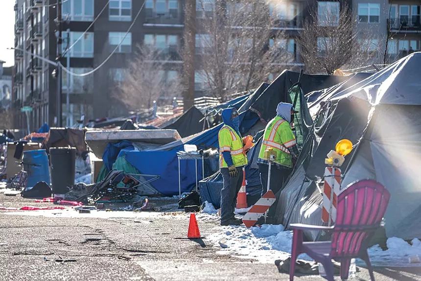 An official visit to an unofficial encampment in 2020, pre-sweep. - MICHAEL EMERY HECKER