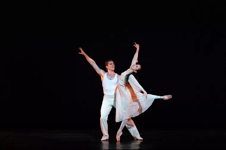 Houston Ballet Principal Yuriko Kajiya and First Soloist Christopher Coomer in Stanton Welch’s Madame Butterfly. - PHOTO BY LAWRENCE ELIZABETH KNOX (2021), COURTESY OF HOUSTON BALLET