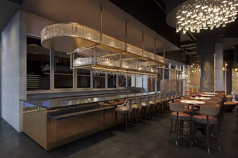 The bar at Amrina will be a stunning mix of gold embellishments and jewel-toned colors. - RENDERING BY CH DESIGN STUDIOS