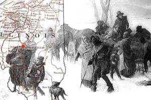 Charles T. Webber&#146;s iconic painting, in the collection of the Cincinnati Art Museum, depicts African-Americans escaping from slavery. The map, from Wilbur Siebert&#146;s The Underground Railroad from Slavery to Freedom (1898), shows Illinois routes t - PAINTING COURTESY OF THE LIBRARY OF CONGRESS PRINTS AND PHOTOGRAPHS DIVISION / MAP COURTESY OF THE ABRAHAM LINCOLN PRESIDENTIAL LIBRARY