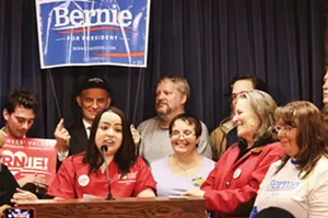 Adriana Sanchez of National Nurses United speaks at the press conference to announce Bernie Sanders joining the Illinois Democratic presidential primary ballot. - PHOTO BY PATRICK YEAGLE