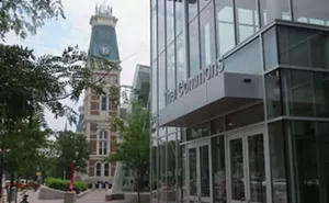 Old and new. Originally designed by architect Cesar Pelli in 1971, the Commons served Columbus as a community hub and free indoor playground. It was rebuilt in 2011 by the Boston-based firm, Koetter Kim. Down the street is the Bartholomew County Courthous - PHOTO BY JOHN CAMPER.