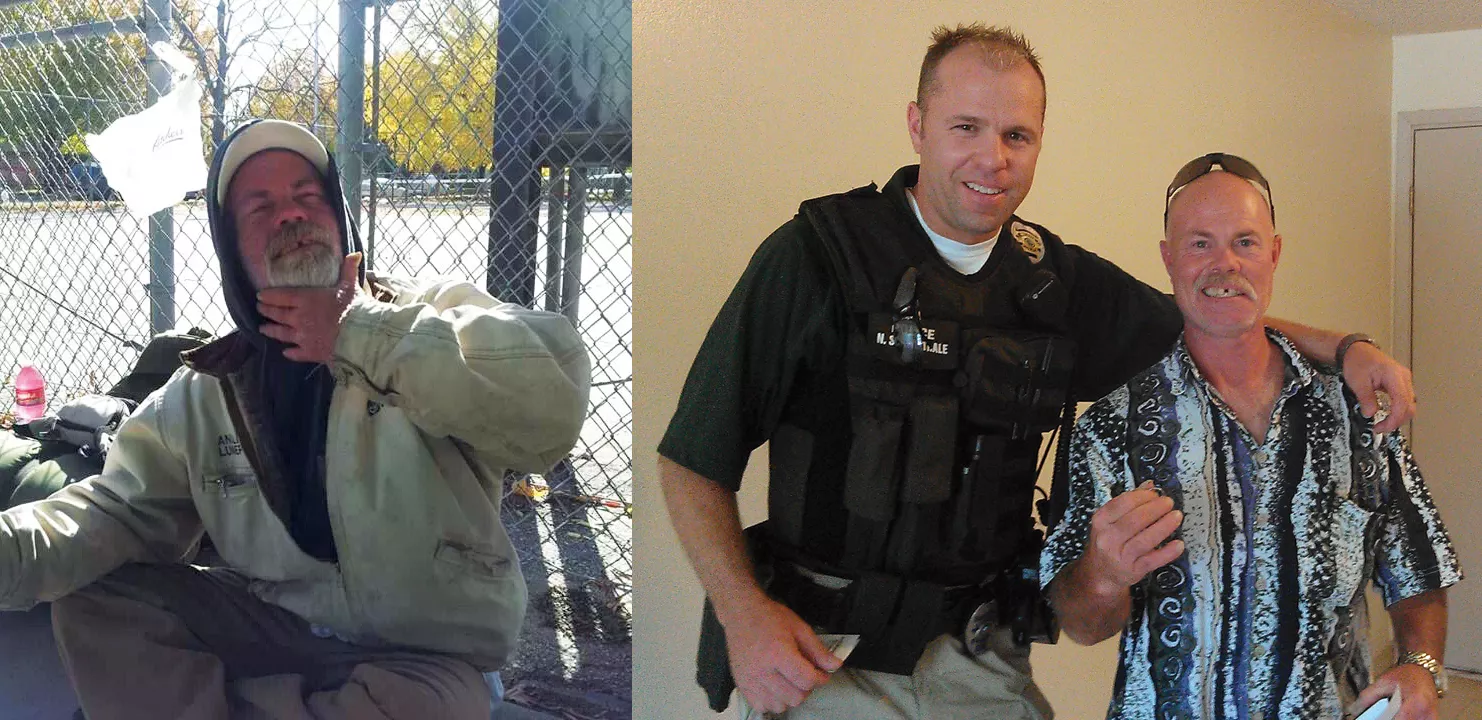 “Rooster,” left, was for years one of Wichita’s chronically homeless, until he was helped into recovery by the police department’s Homeless Outreach Team. Right, Office Nate Schwiethale with Fred Linker, formerly Rooster, now a s - COURTESY WICHITA POLICE DEPT.