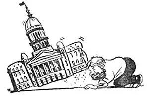 Former Illinois Times cartoonist Mike Cramer penned this portrait of Rich Miller sometime in the early 1990s. “He's looking at the underside of the Capitol like a kid looks under a log searching for slugs and bugs,” says Cramer, who is now an at - ILLUSTRATION BY MICHAEL CRAMER