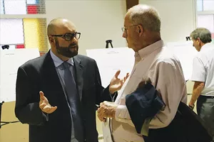 Mark Mahoney, city public works director, at the April 21 open house to show off IDOT’s alternatives for MacArthur Boulevard. - PHOTO BY PATRICK YEAGLE