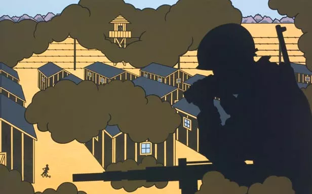 The lithograph “American Guardian” begs the question – is the guard American or does he stand watch over an American boy? Both.