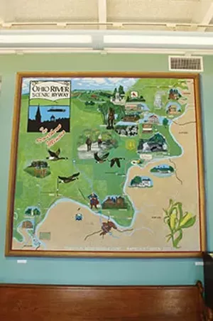 A painting at the Ohio River Visitors’ Center in Equality, Illinois, highlights interesting places to visit along the scenic byway from Shawneetown to Cairo. The center is open April through October and offers maps, brochures and short videos about - PHOTO BY BRENT BOHLEN