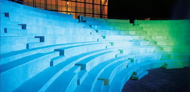 The outside amphitheatre — designed as a Greek-style setting — plays host to music and productions on summer evenings.