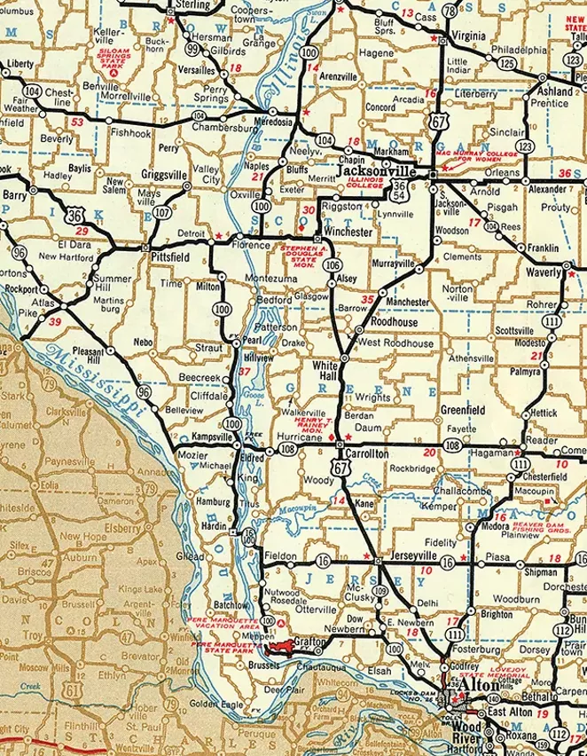 The lower Illinois valley includes Calhoun County, at lower left on the map. The county is a peninsula between the Illinois River and the Mississippi River. Calhoun has a ferry and an archaeological museum, but has no railroads and no traffic lights. - MAP COURTESY ILLINOIS DIGITAL ARCHIVES (ILLINOIS STATE LIBRARY/OFFICE OF SECRETARY OF STATE)