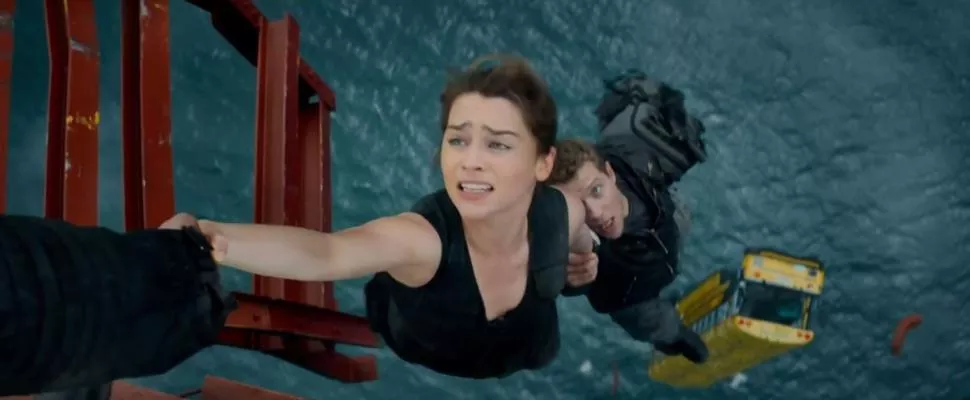 Sarah (Emilia Clarke) and Kyle (Jai Courtney) make a narrow escape in "Terminator Genisys." - COURTESY PARAMOUNT PICTURES