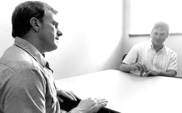 Steidl in Pontiac prison in 1993, with Bill Clutter, then an investigator for Springfield attorney Michael Metnick. - PHOTO BY GINNY LEE