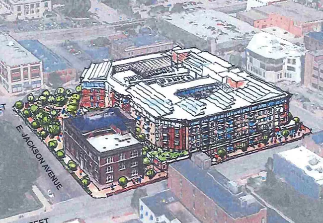 An aerial view of the proposed Flaherty & Collins development, with the existing YWCA at bottom left. - COURTESY FLAHERTY & COLLINS PROPERTIES