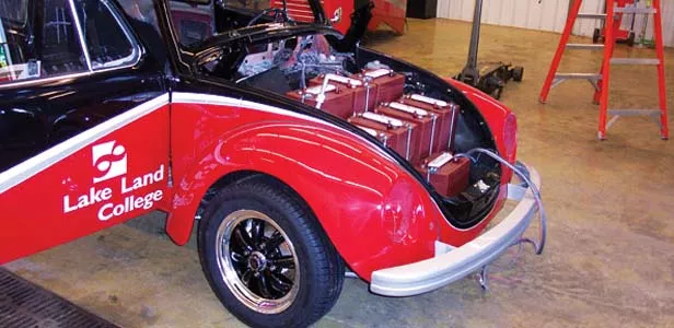 The "Lightning Bug" is a 1972 Volkswagen super beetle that Lake Land students and teachers converted from gas to electric. The car, which now runs on an electric motor, is one of the alternative energy teaching tools used as part of the college's campus-w