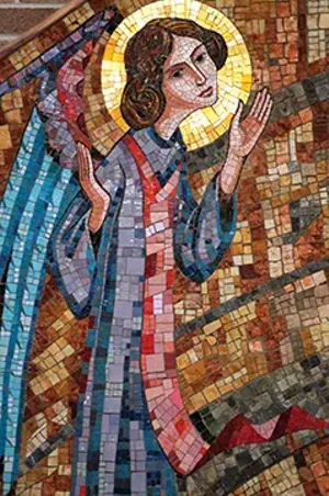 Detail from the Rosary mosaic in the chapel’s sanctuary. Mosaics were designed by Deprato Studios, Chicago, and executed in Pietrasanta on the northern coast of Tuscany. They were shipped in numbered sections and assembled on-site by Deprato crafts - PHOTO COURTESY SACRED HEART CONVENT